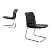 Vintage Mid-Century Minimalist Chrome & Black Leather Club Chairs