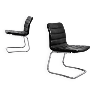 Vintage Mid-Century Minimalist Chrome and Black Leather Club Chairs