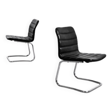 Vintage Mid-Century Minimalist Chrome & Black Leather Club Chairs