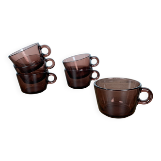 Set of 6 glass coffee cups, purple, Vereco, 1970