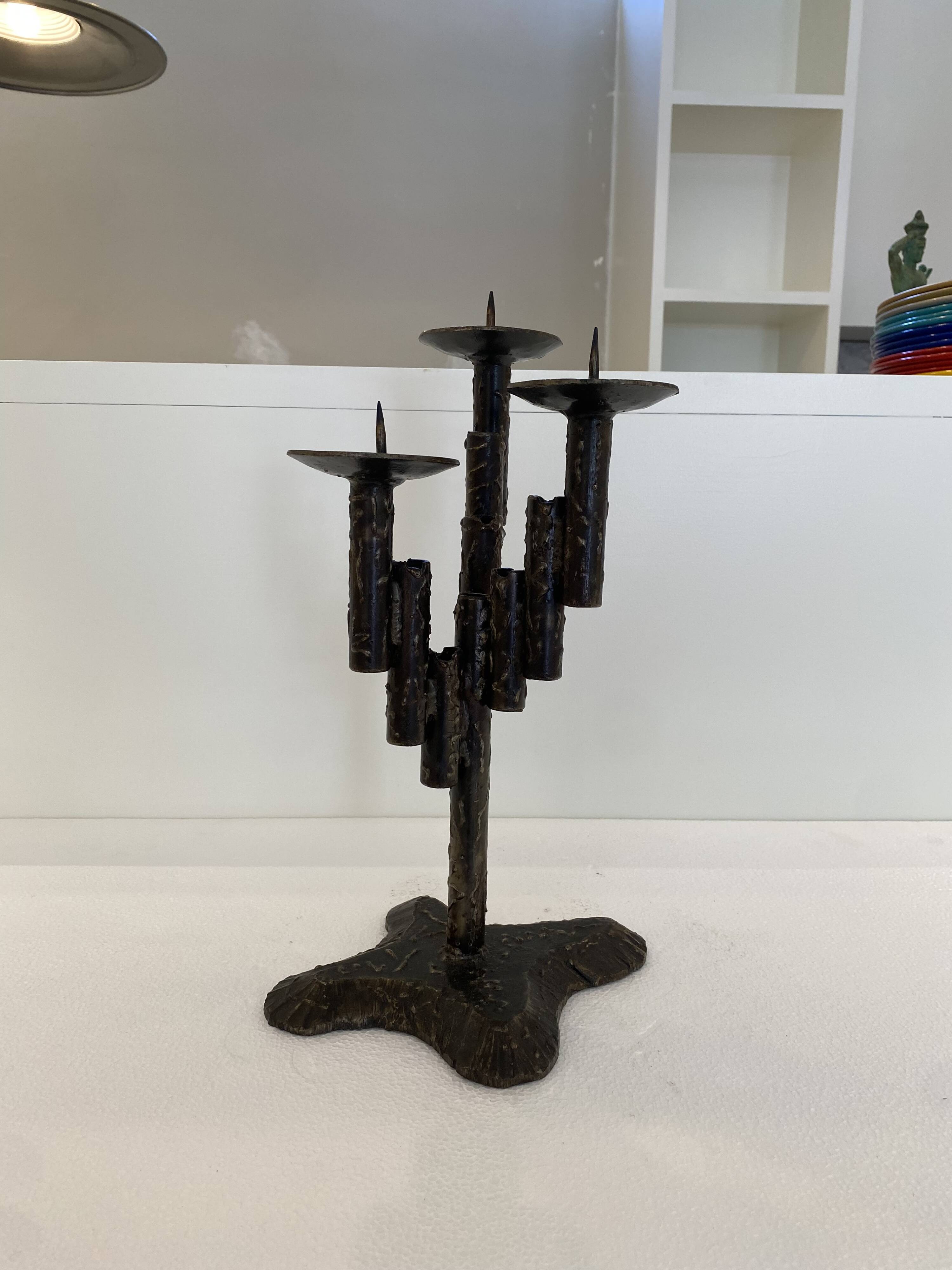 Brutalist Iron Textured Hand Forged Candleholder, Mid-century Modern, 1960s