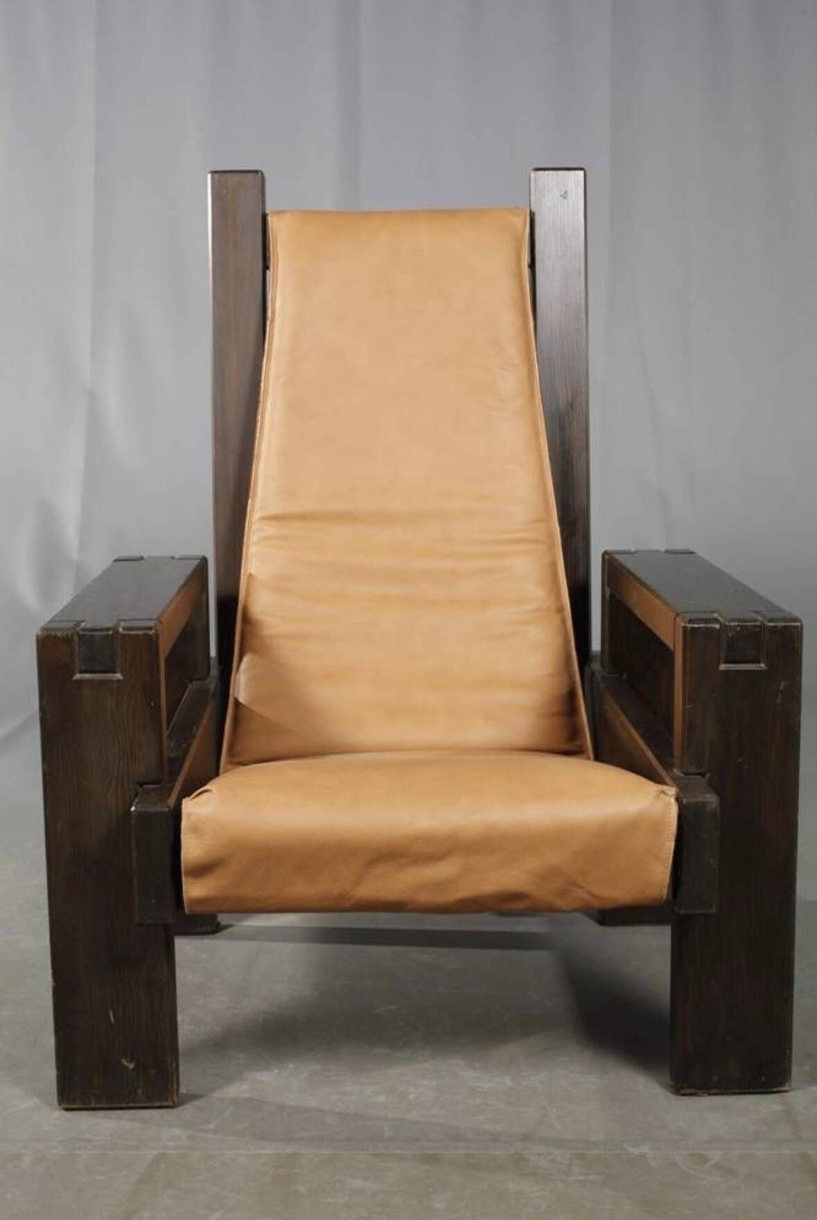 Brutalist Design Armchair Wood and Leather Vintage 1970s