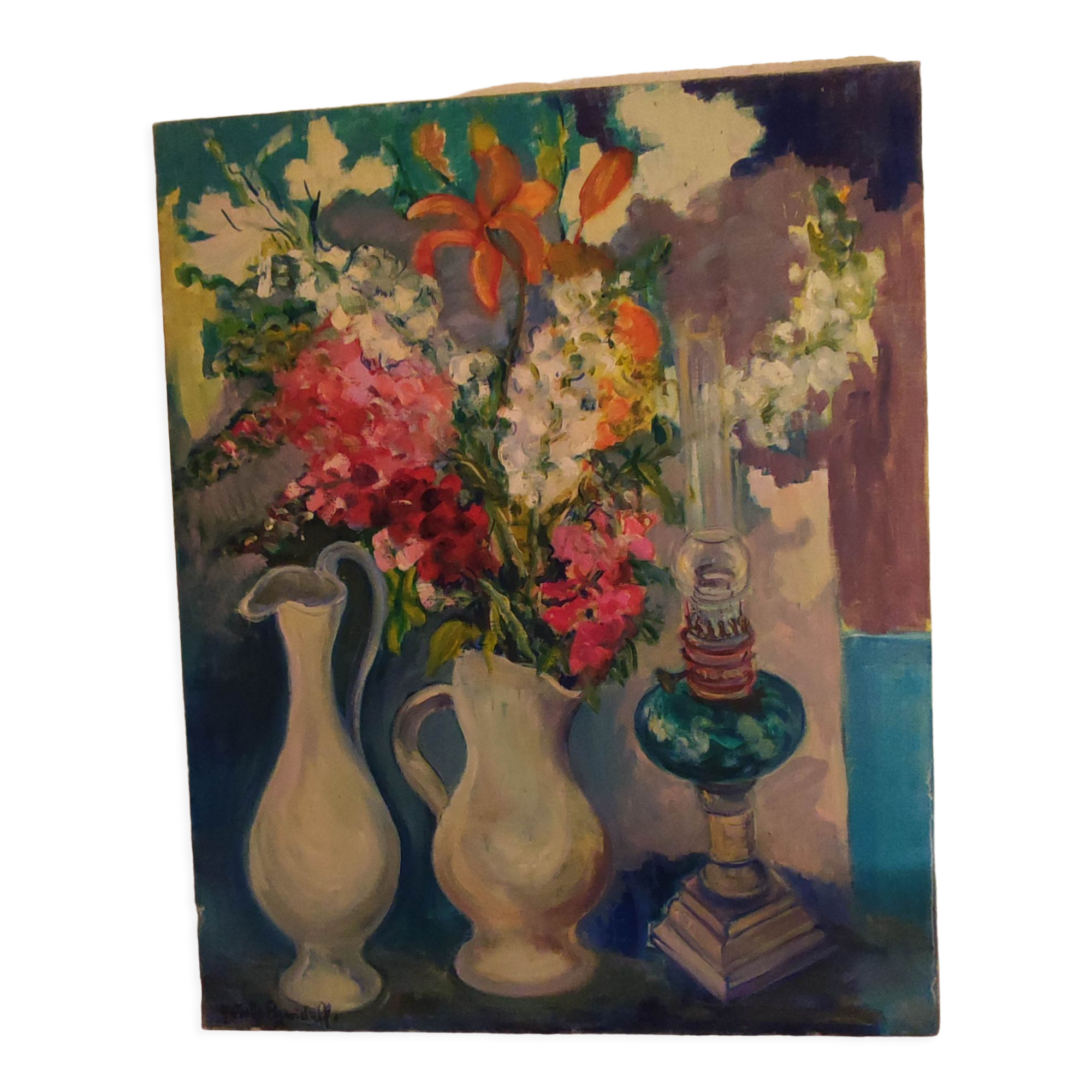 Painting signed Nathalie Pogarieloff, still life with flowers.