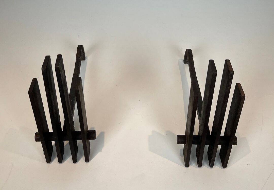 Pair of Modernist Steel Andirons with Vertical Bar Supports