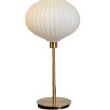 Table lamp with a white striped globe, origami style and a golden foot