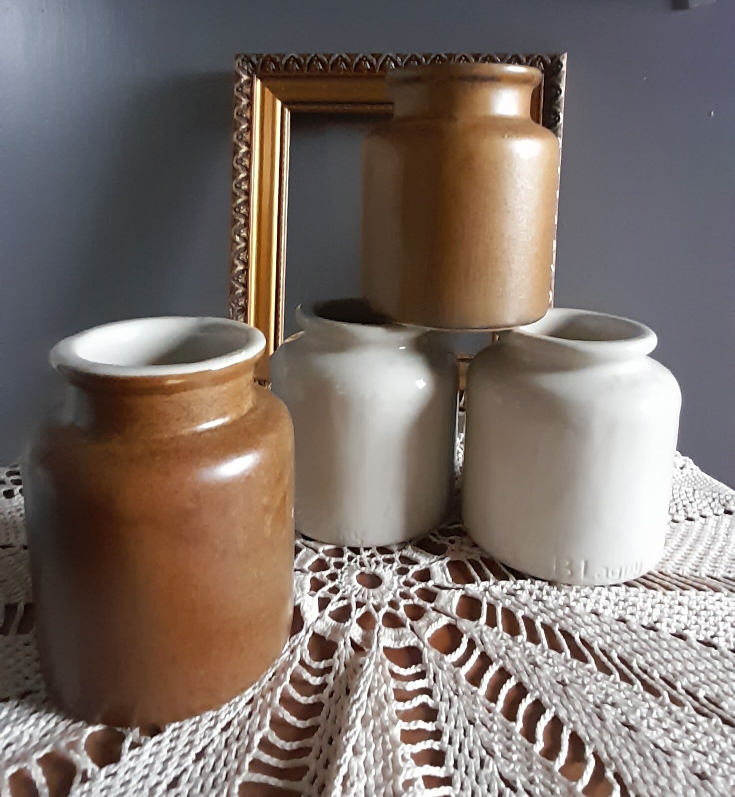 4 old stoneware mustard pots, lab Lagny, vintage France circa 1950/1960