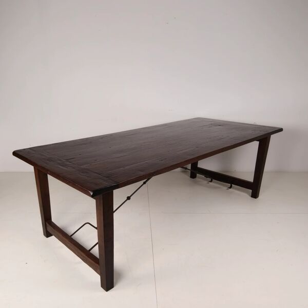 Grande table à manger en chêne espagnol avec des barres en fer forgé – 20e siècle