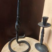 Set of 3 candlesticks and a candle holder in wrought iron.