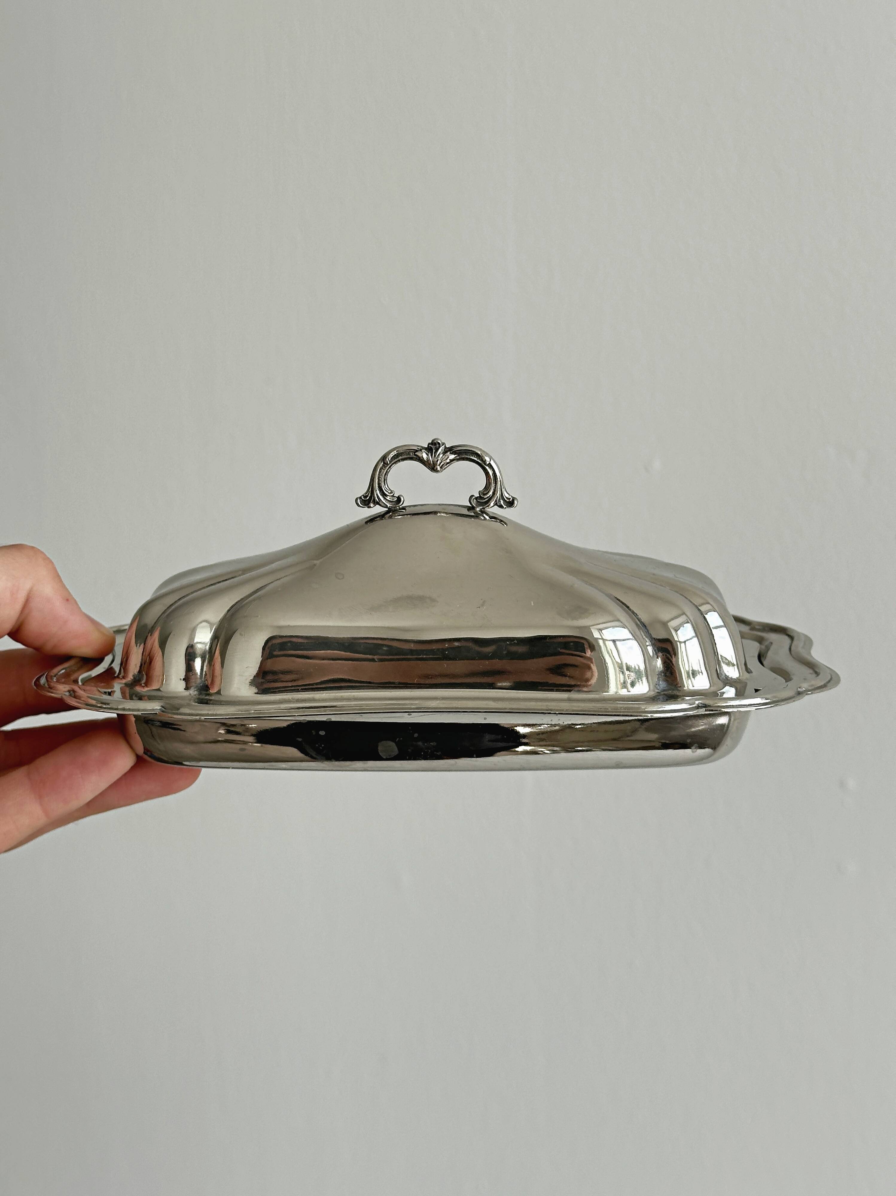 Antique silver-plated stainless steel butter dish