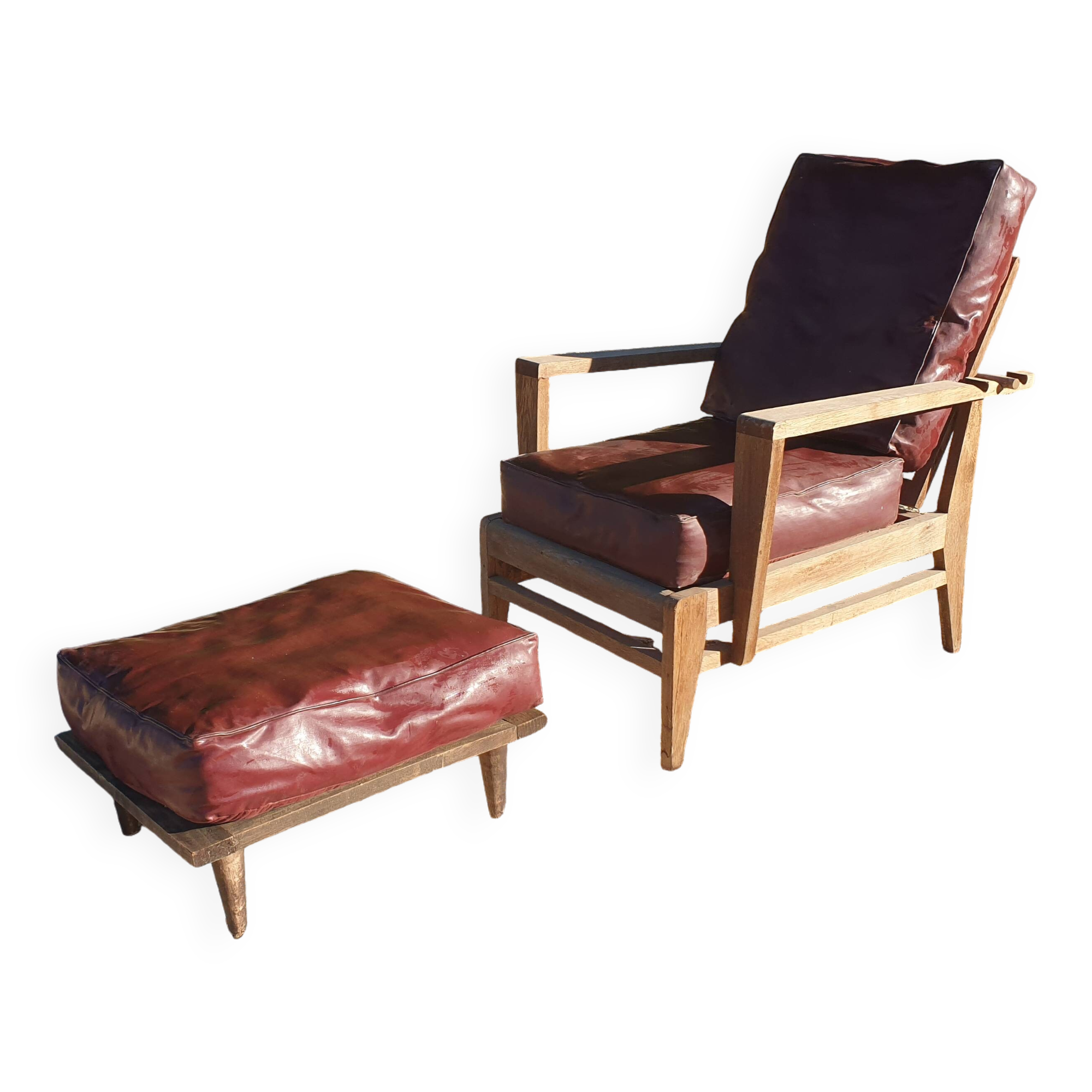 Vintage "Bain De Soleil" Armchair in Oak and Faux Leather Cushions - 20th Century