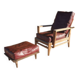 Vintage "Bain De Soleil" Armchair in Oak and Faux Leather Cushions - 20th Century