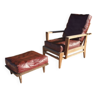 Vintage "Bain De Soleil" Armchair in Oak and Faux Leather Cushions - 20th Century