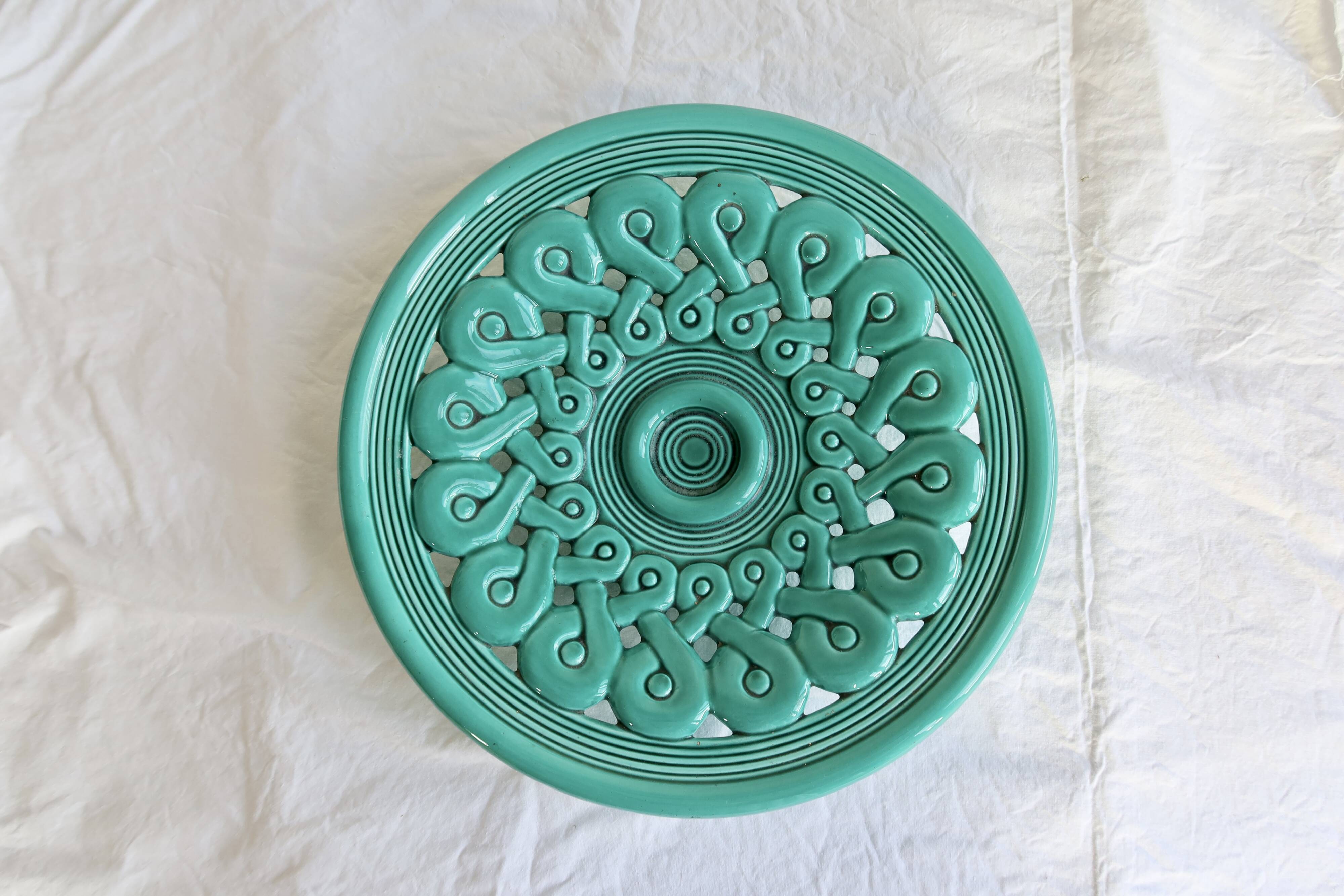 Large vintage turquoise ceramic bowl – Openwork braided pattern