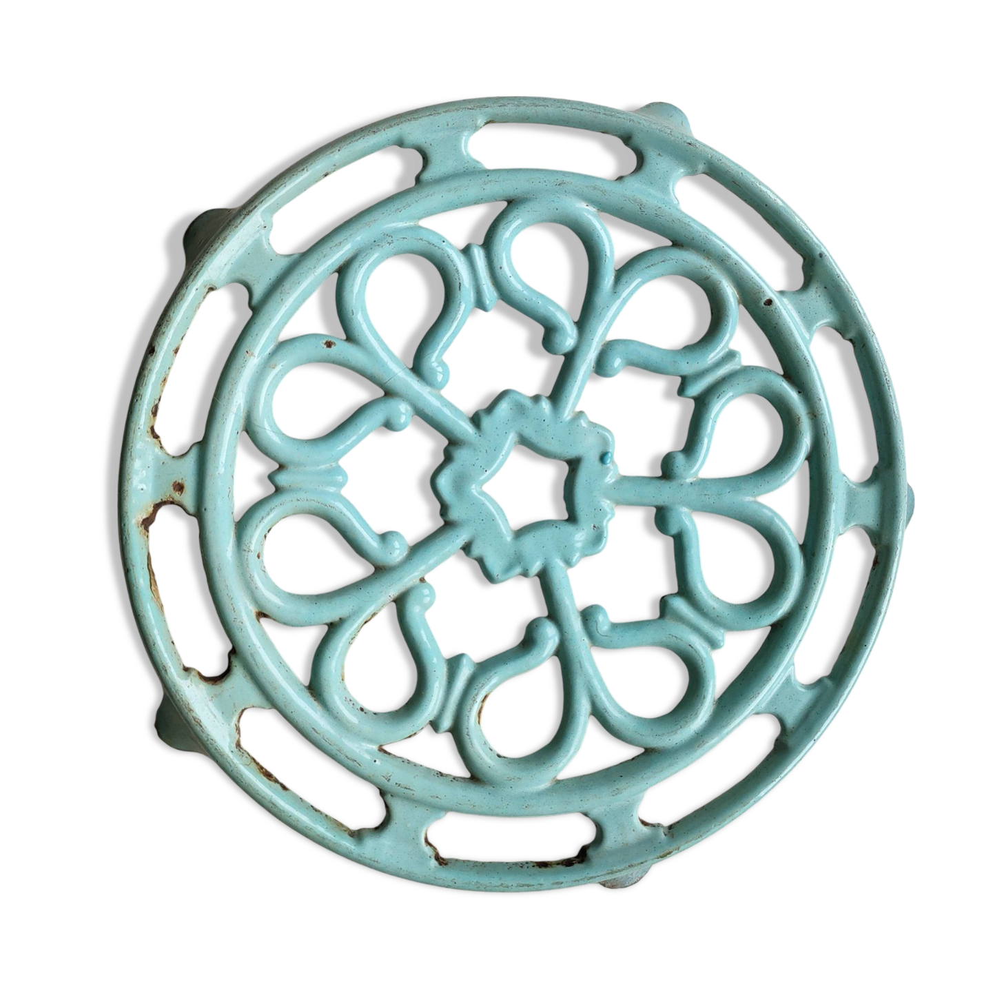 Water green enamelled trivet.