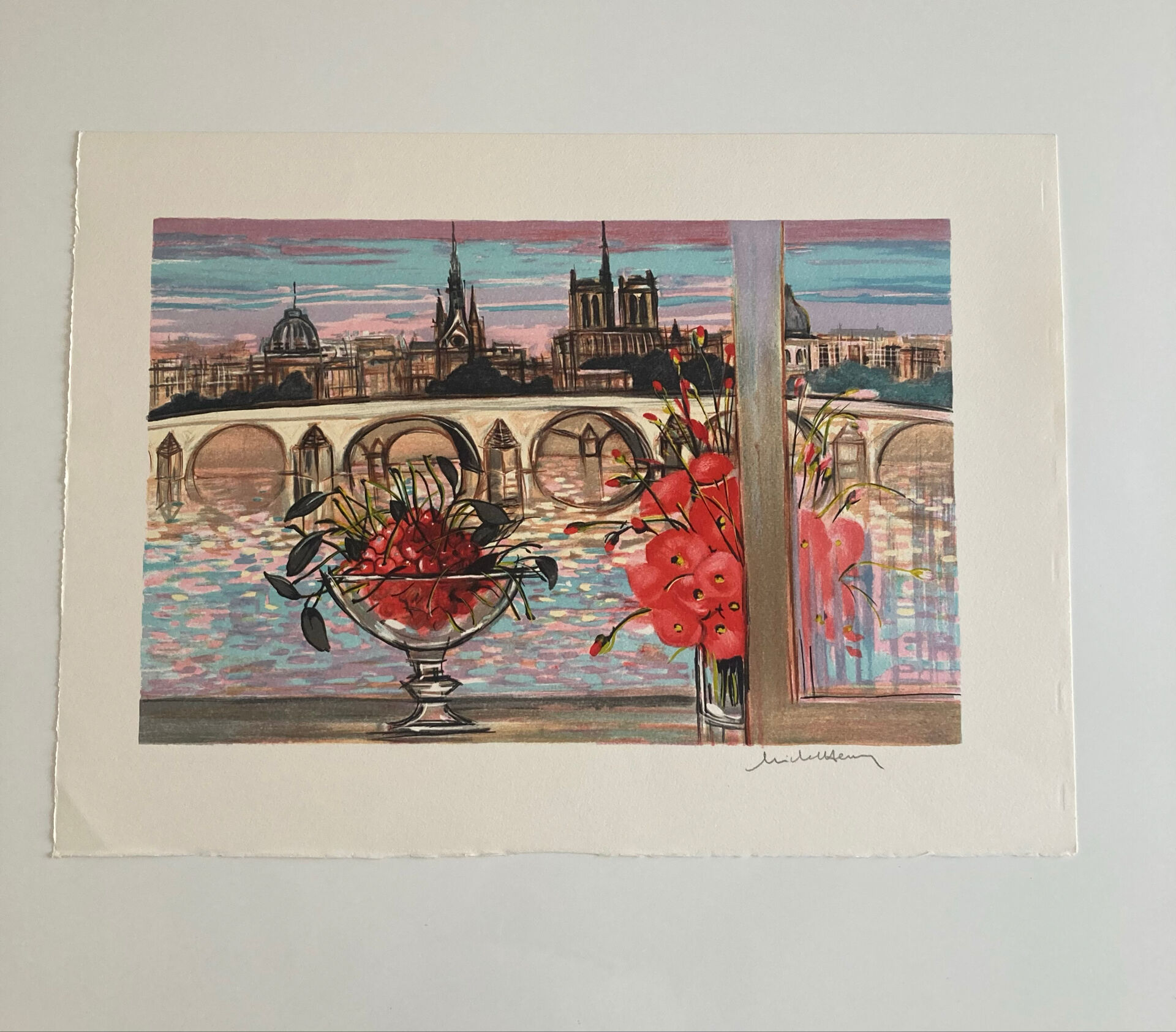 Lithograph signed by Michel Henry - The Institute and Notre Dame de Paris