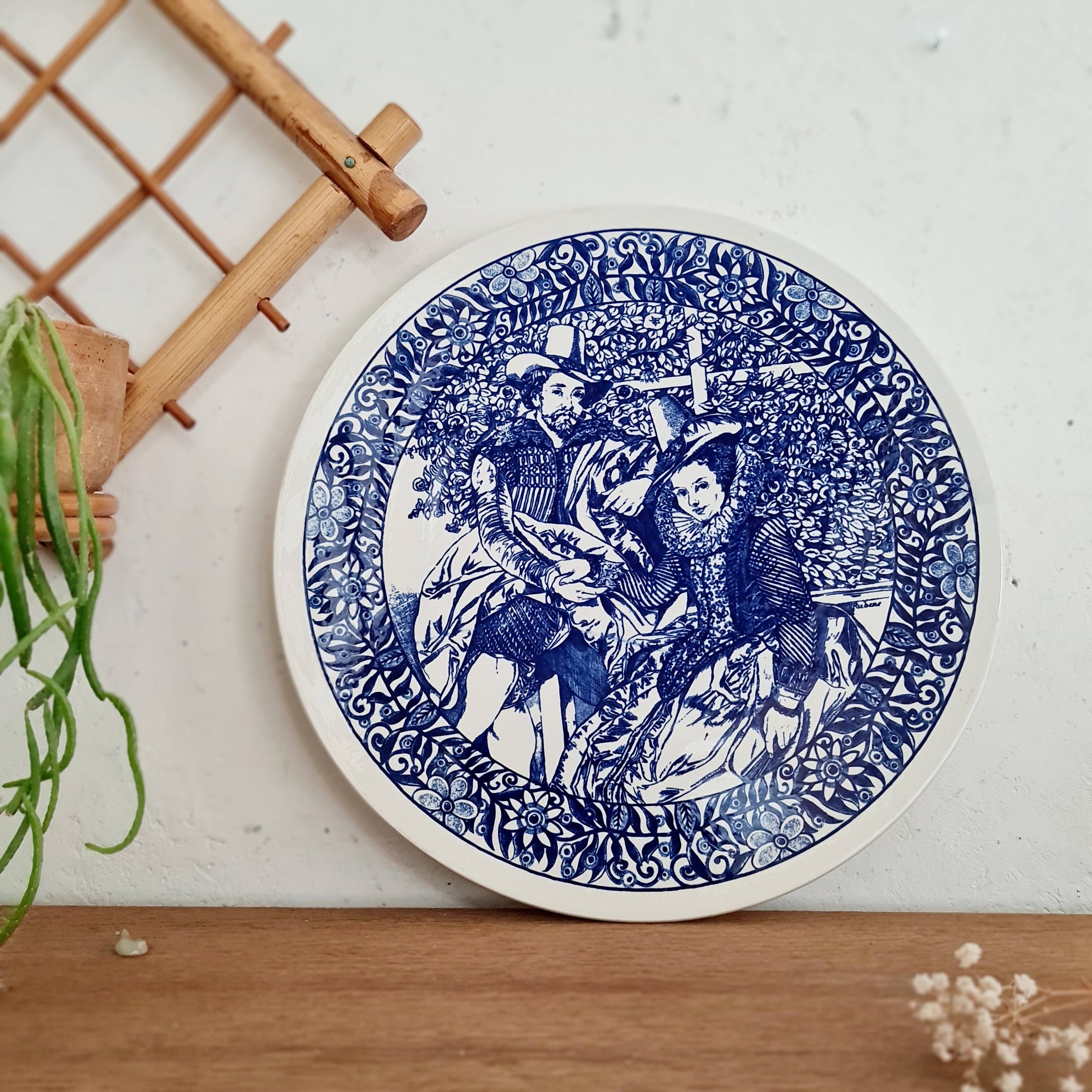 Large white porcelain dish with blue design
