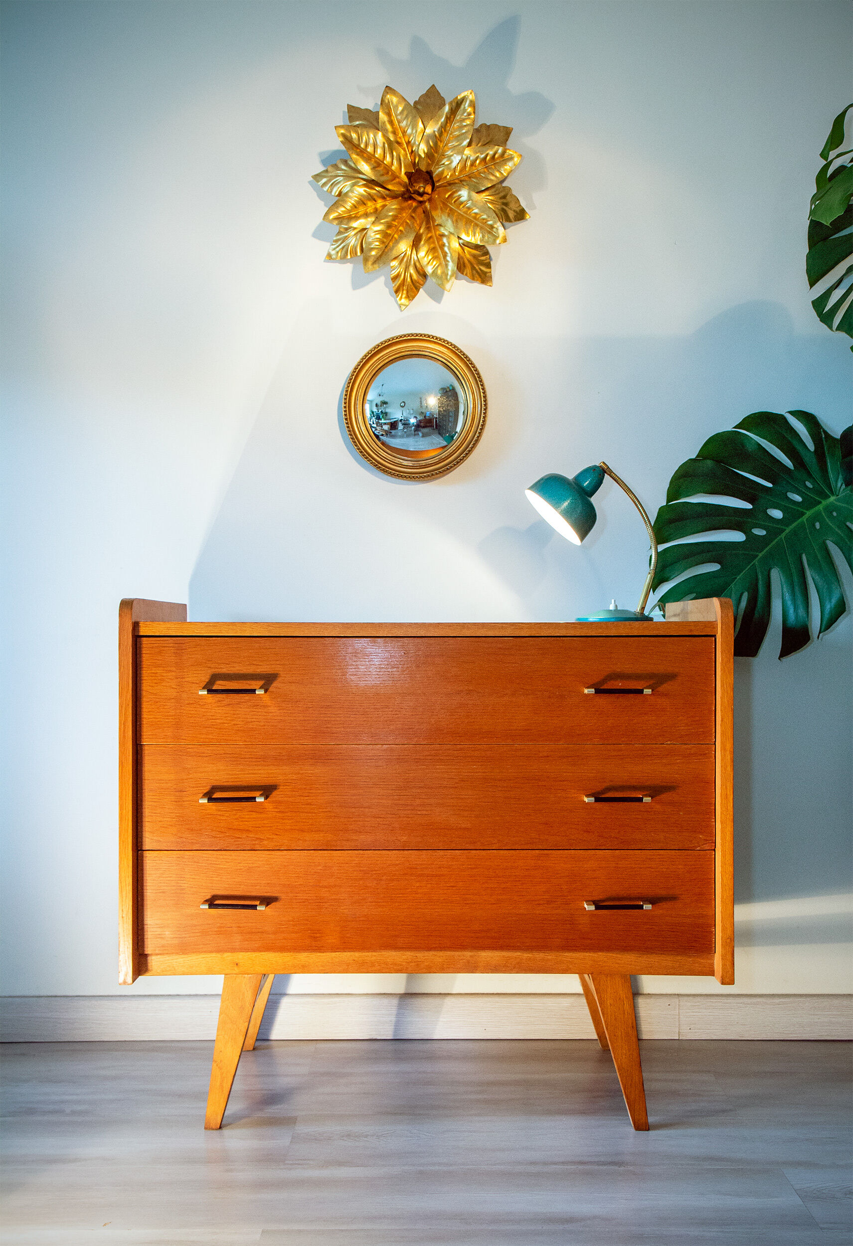 Chest of drawers year 60-70, compass foot, blond oak