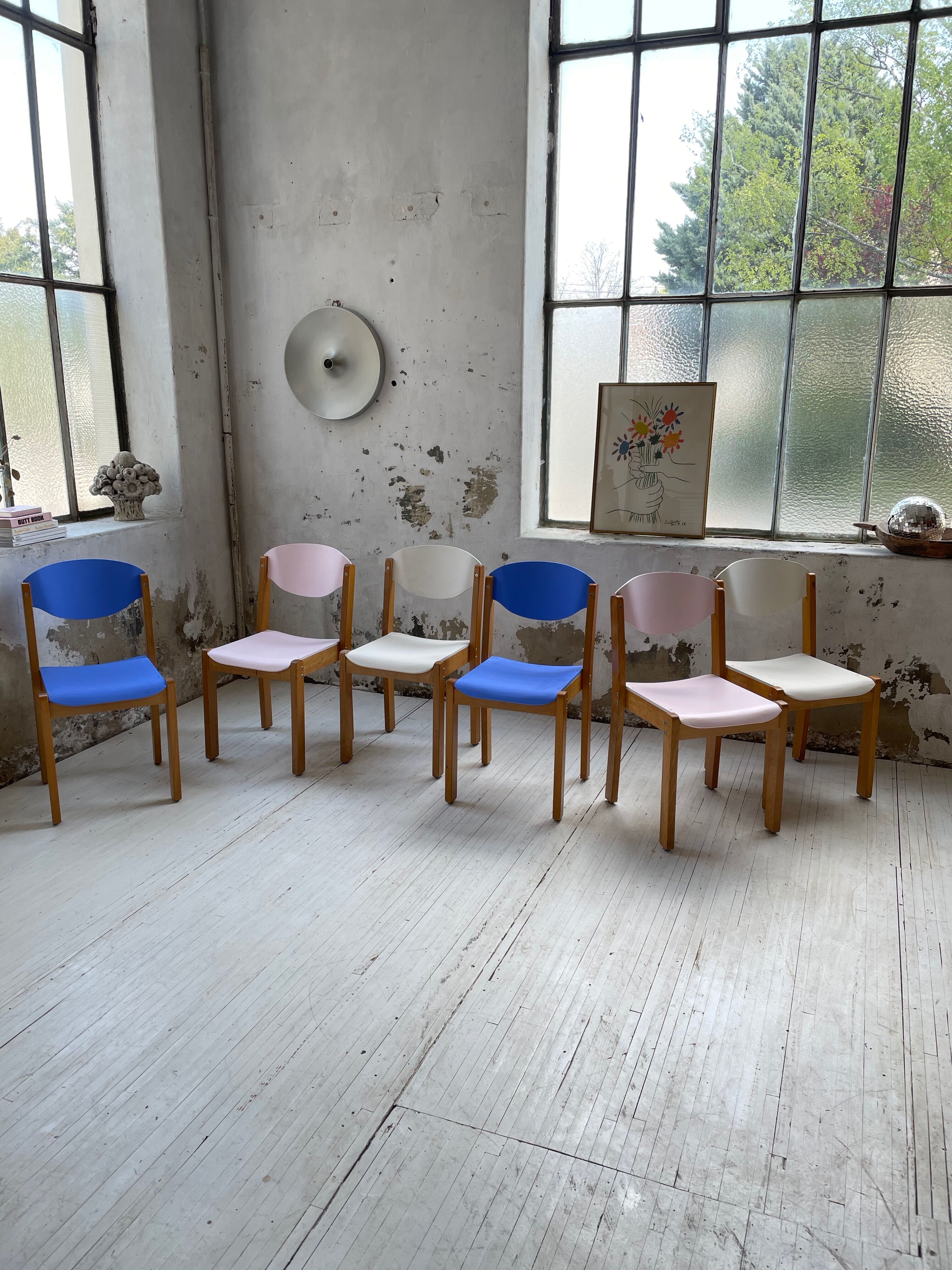 6 colorful 80s beech chairs