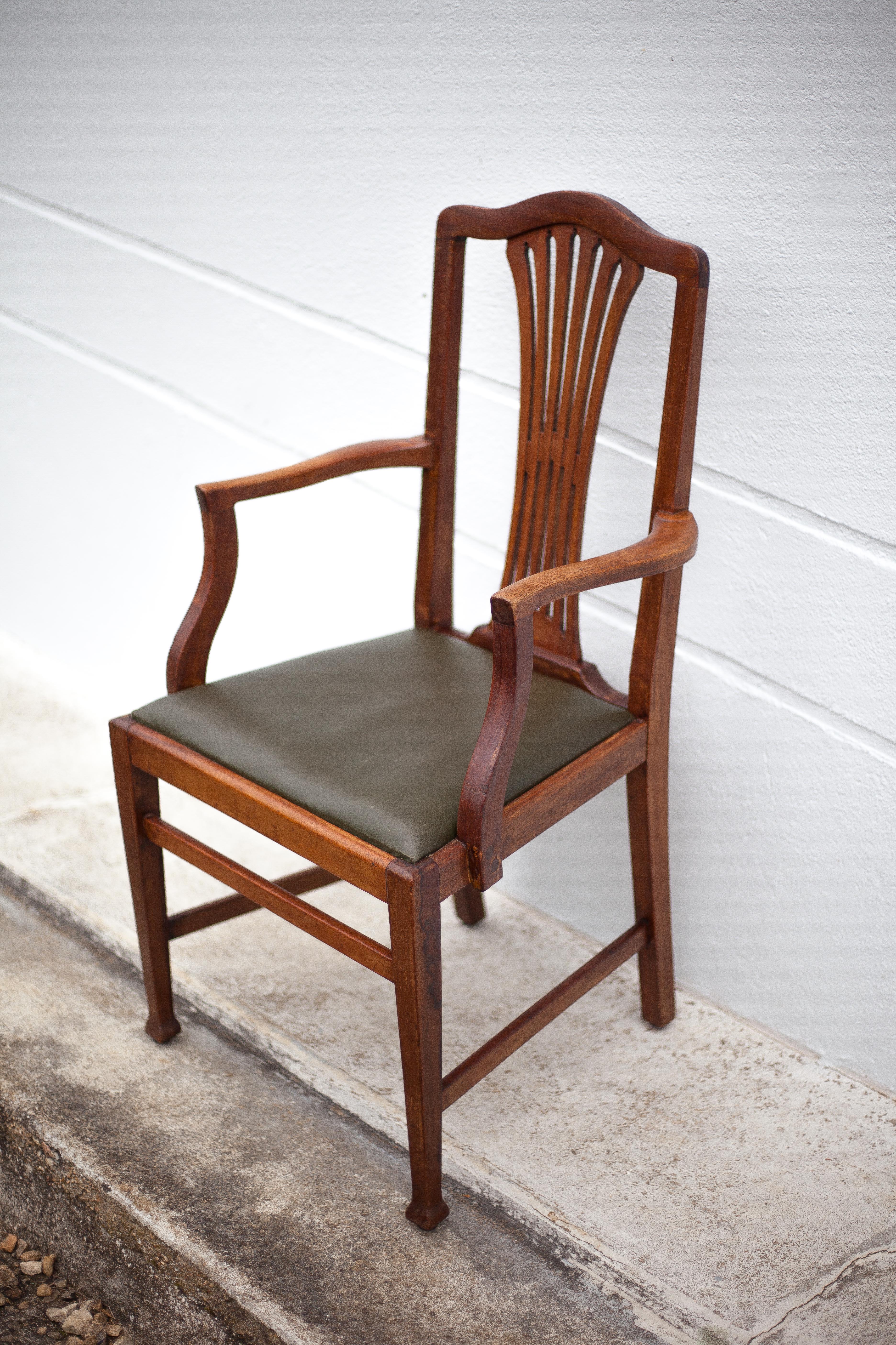 Art Nouveau armchair, wooden armchair with green leather seat, guimard style legs, living room, library