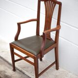 Art Nouveau armchair, wooden armchair with green leather seat, guimard style legs, living room, library