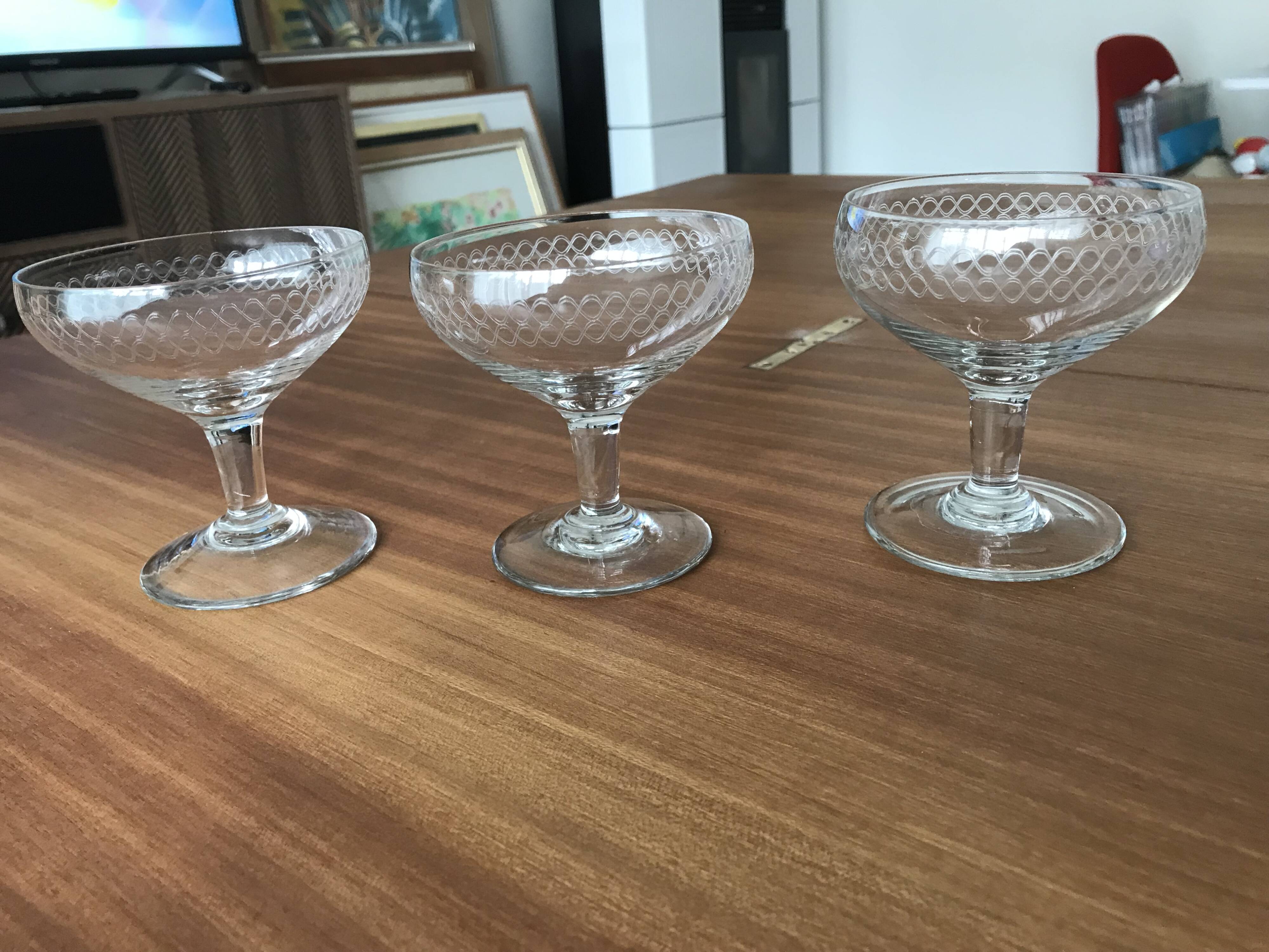 3 crystal champagne glasses