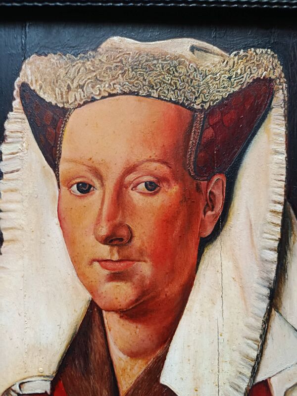 huile sur bois,  portrait Marguerite VAN EYCK, copie d'Henri BOURINET 1982