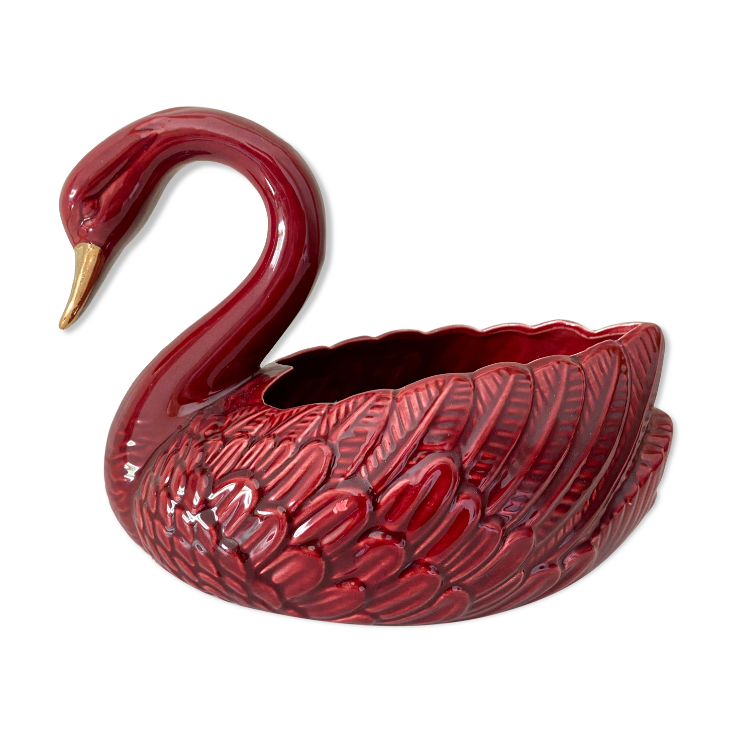 Vintage swan pot cover in red and gold ceramic