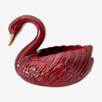 Cache pot cygne vintage en céramique rouge et dorée