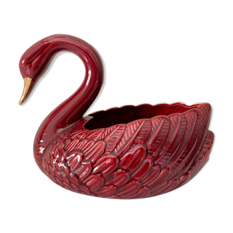 Vintage swan pot cover in red and gold ceramic