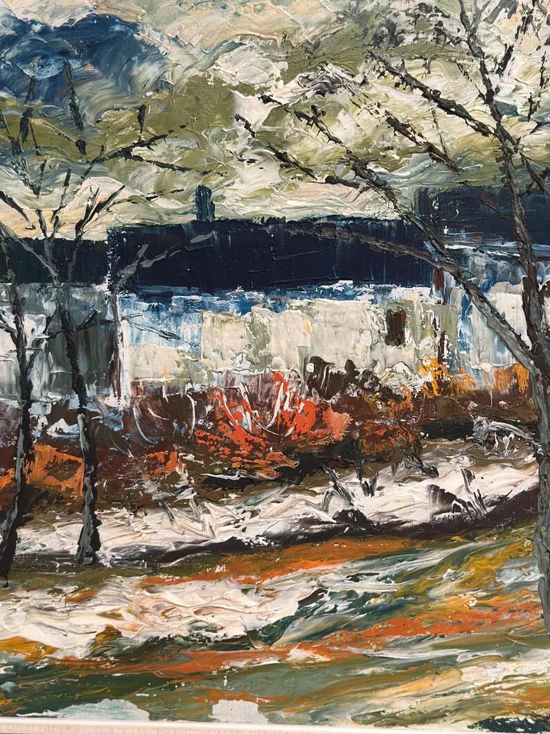 Large Original Swedish Oil on Panel – “Landscape with Houses and Trees” by Stig Hallblom – Signed – Vintage & Framed 90×59.5cm (35.4"×23.4")