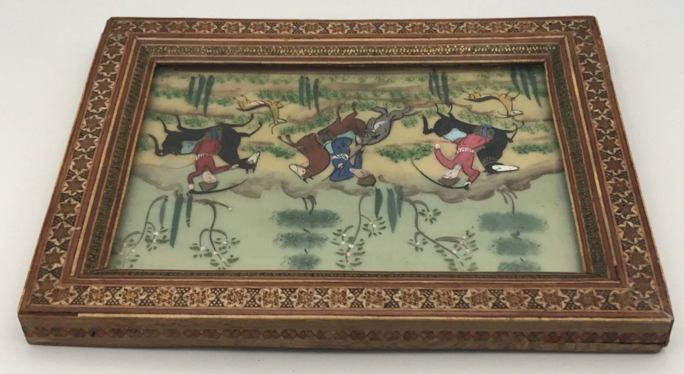 Ancient Indo-Persian painting with wooden mosaic frame