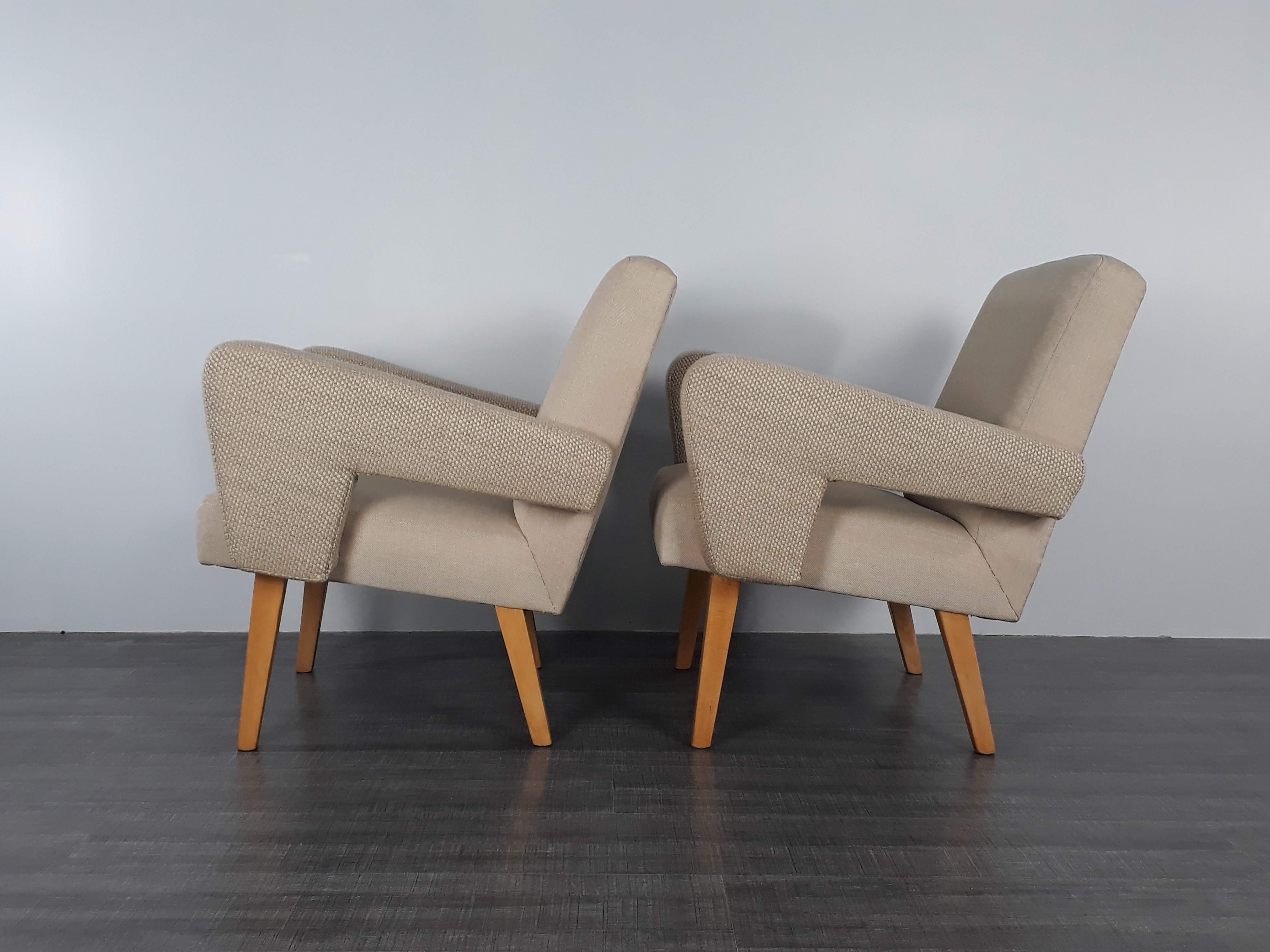Pair of Jitona armchairs reupholstered Beige Fabric, Czech 1960s