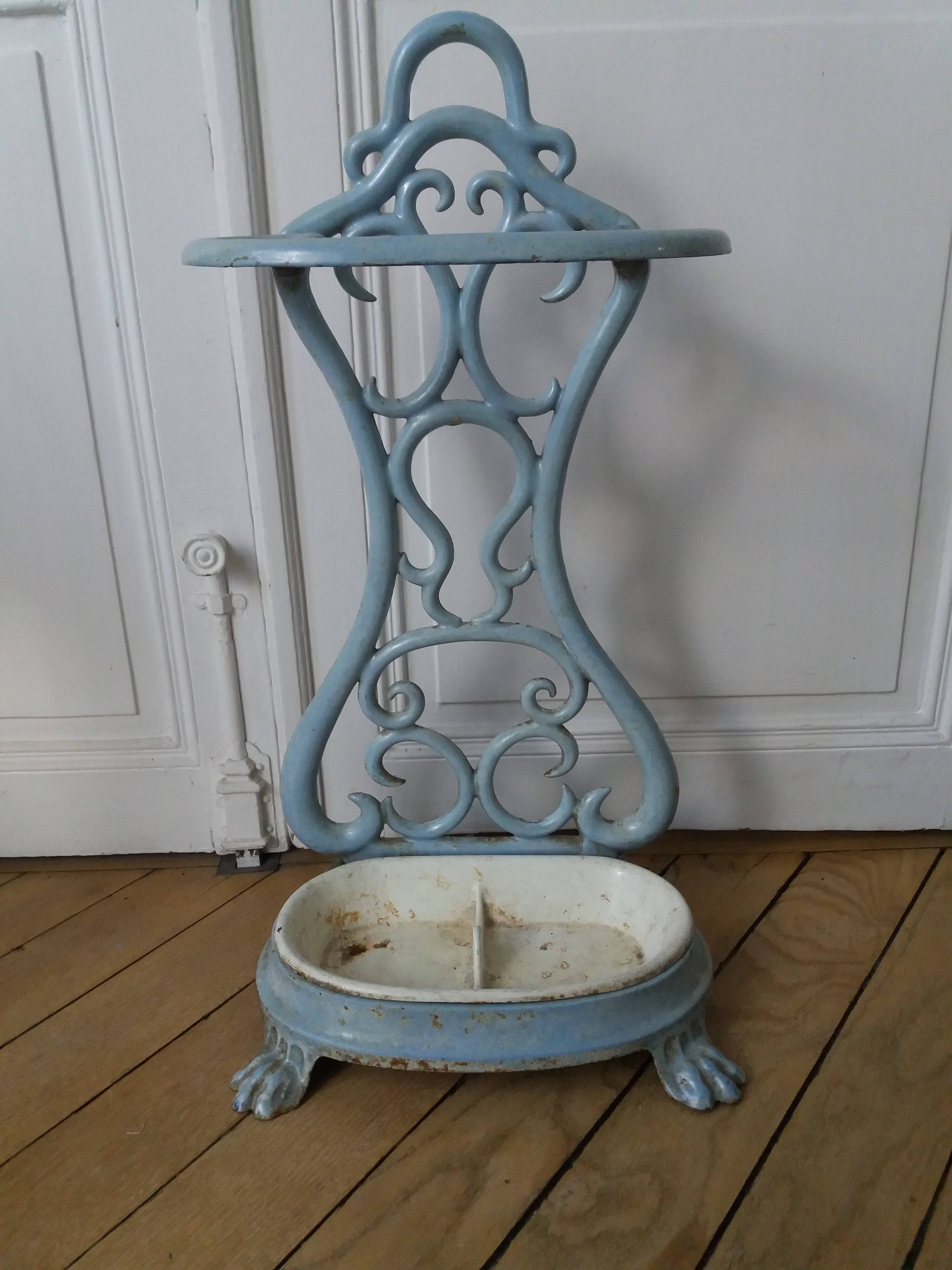 ANTIQUE ENAMELLED BLUE CAST IRON UMBRELLA STAND ART NOUVEAU STYLE