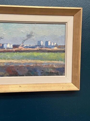 Swedish Oil on panel "Silhouette over Örebro" by HARRY THOMANDER, Framed 46x26cm