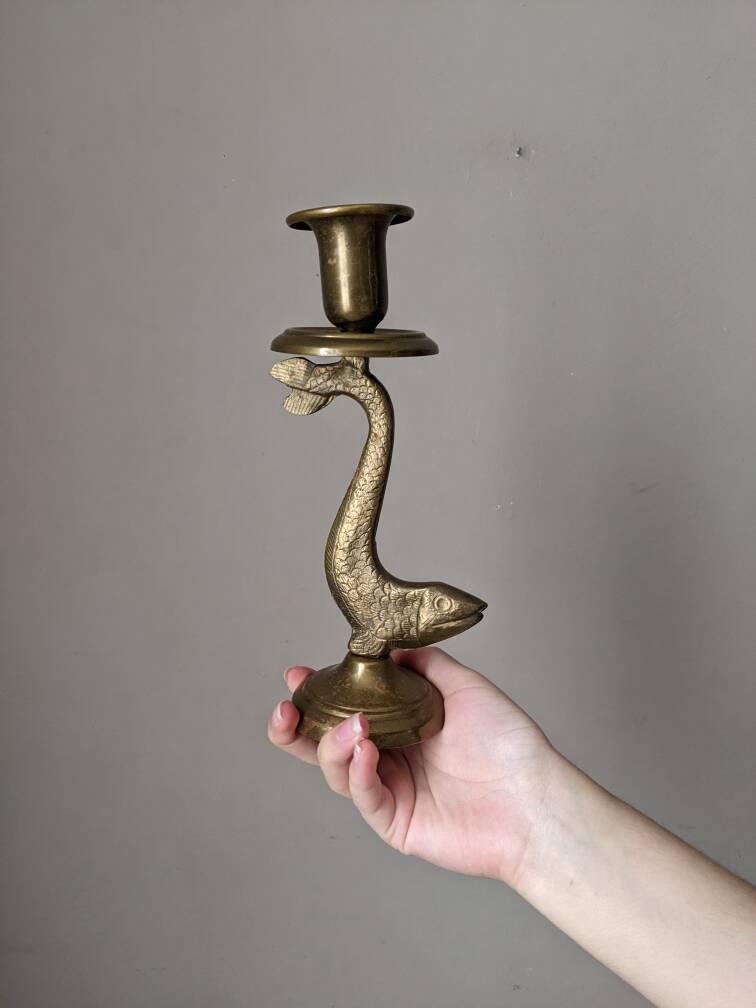 Pair of brass fish candlesticks, country decor