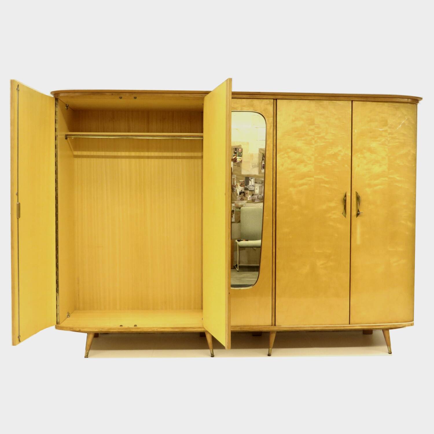 Large vintage mid century modern 5-door XL wardrobe in flamed maple, 1950s