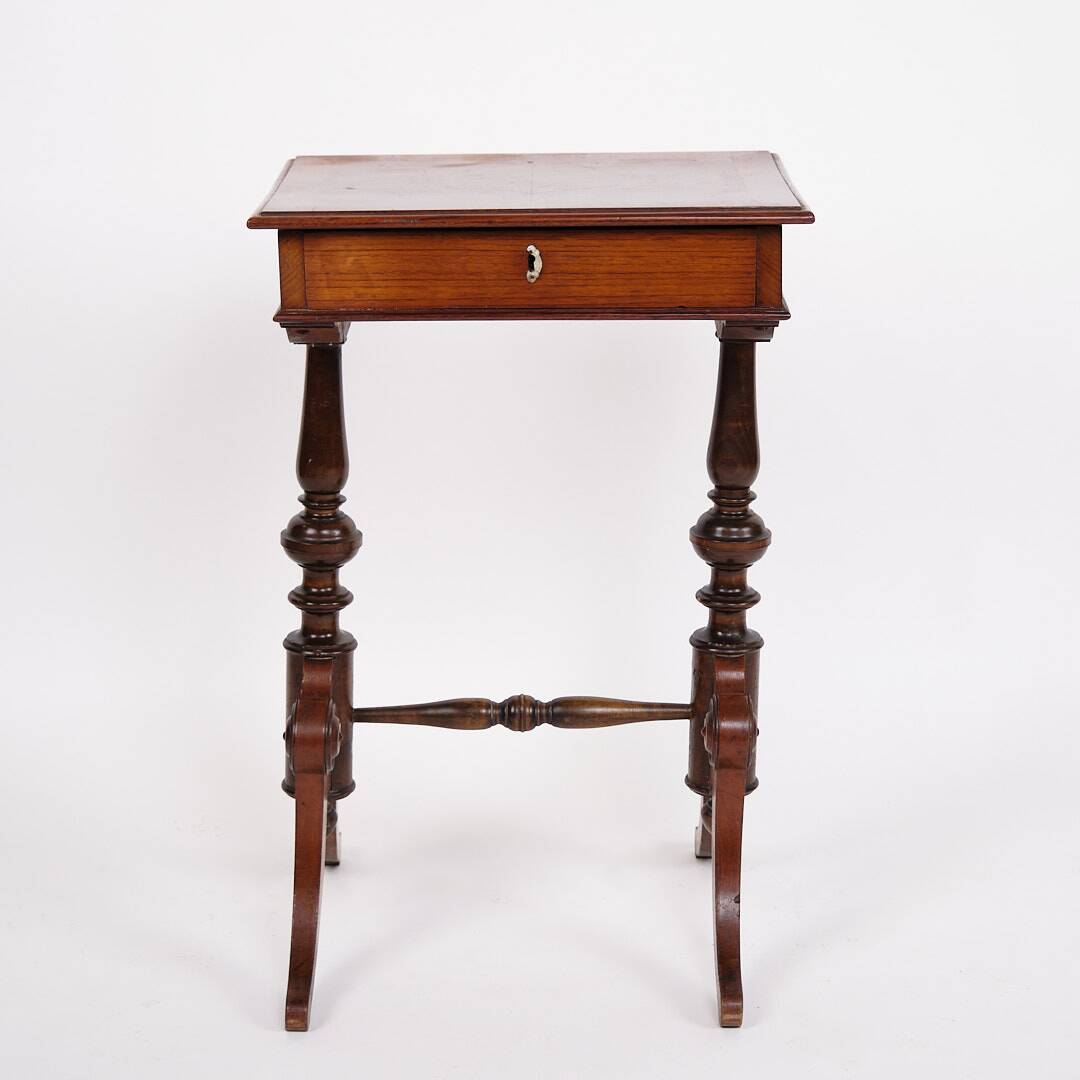 Antique side table with drawer - hand polished mahogany - turned legs - year 1880s