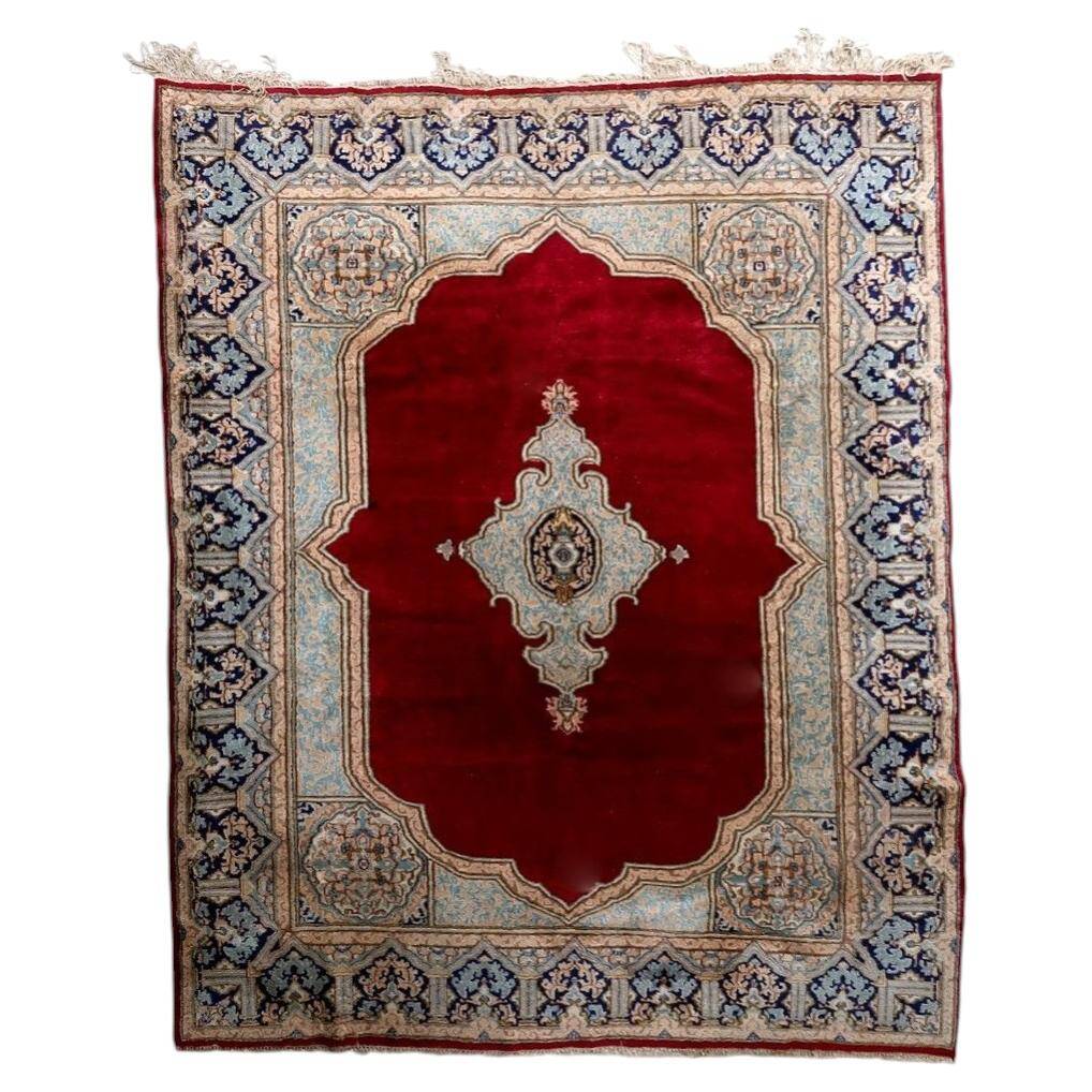 Antique Kerman Kork wool rug, open field medallion, crimson & navy, c. 1930s — 237 × 302 cm — 1C1280