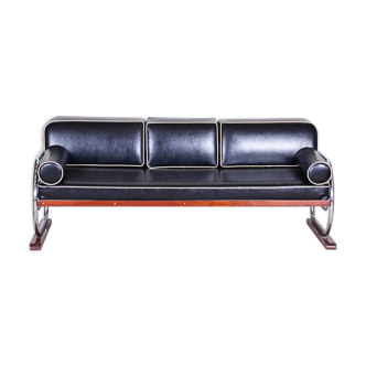 Black Slezák sofa - 1930s Czechia - Leather and chrome