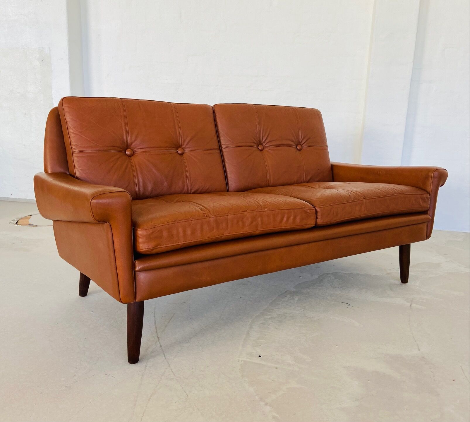 Vintage Danish mid-century Svend Skipper 2 person cognac leather sofa