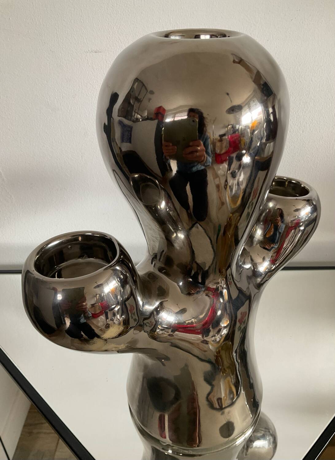 Vintage ceramic cactus candle holder in chrome