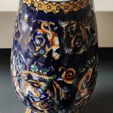 Twisted design vase. Signed Gien France/Renaissance blue background 26 x 13cm