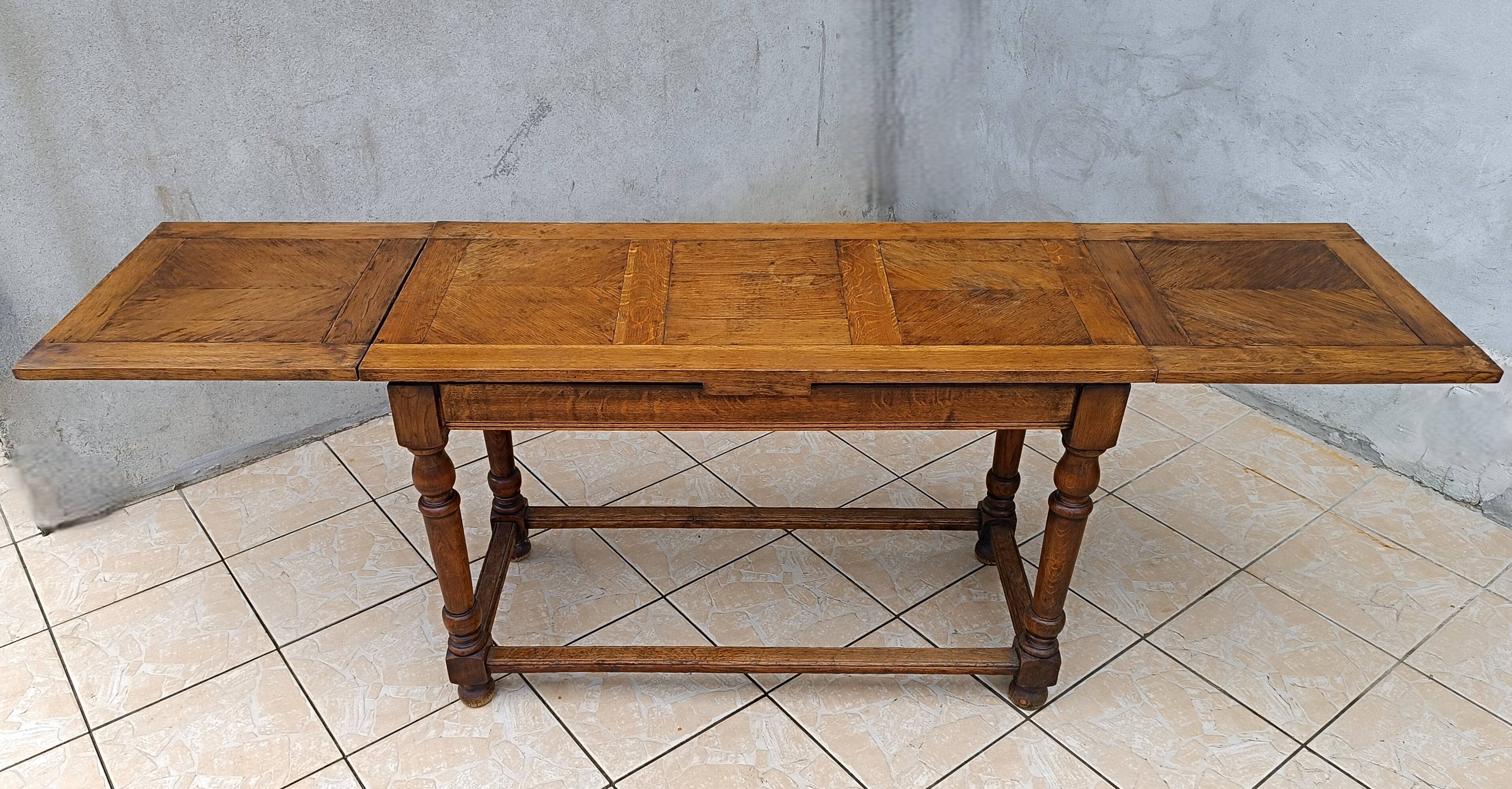 Table console rustique à rallonges en chêne début 20ème