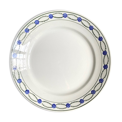 Plat rond St Amand en terre de fer émaillée blanche, bleue et verte
