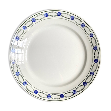 Plat rond St Amand en terre de fer émaillée blanche, bleue et verte