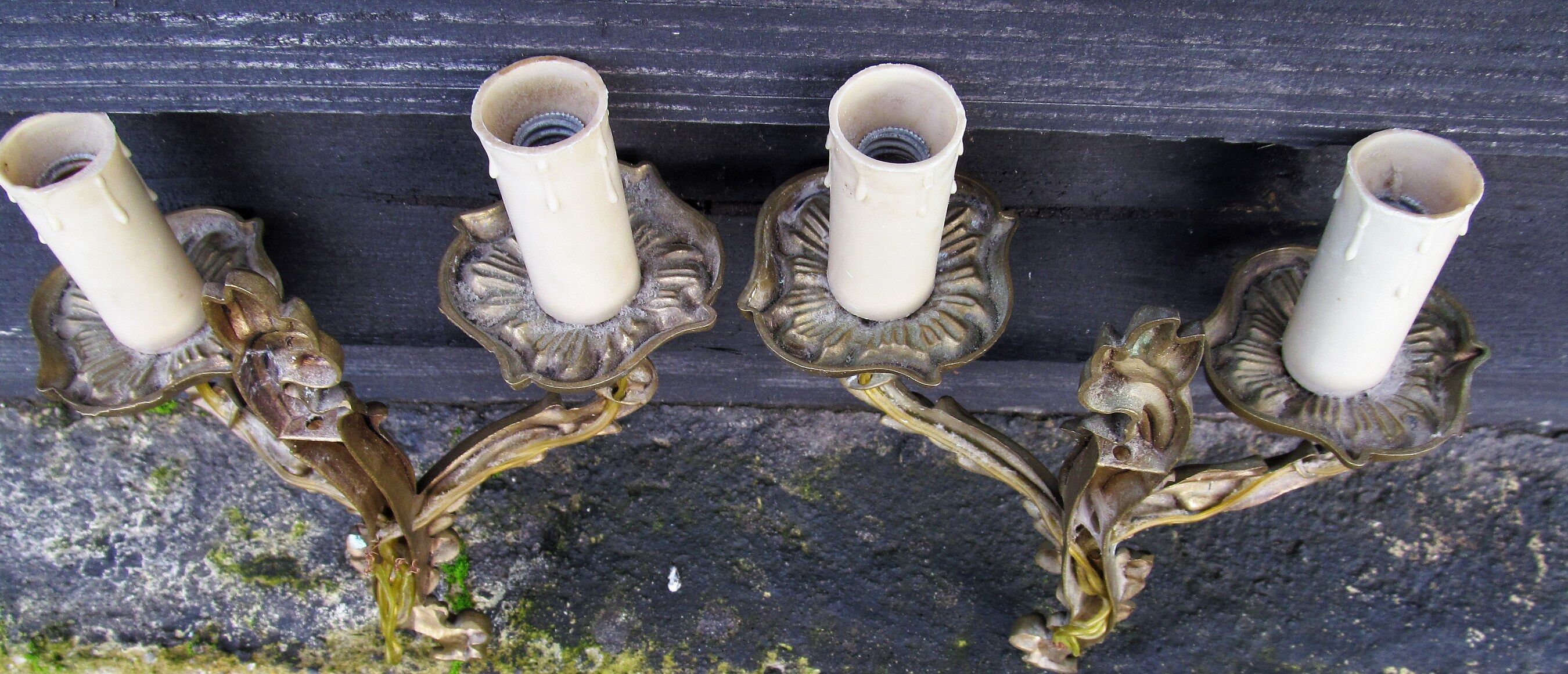 Petite pair of vintage French bronze brass mix 2 arm wall lights sconces revamp rewire