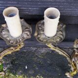 Petite pair of vintage French bronze brass mix 2 arm wall lights sconces revamp rewire