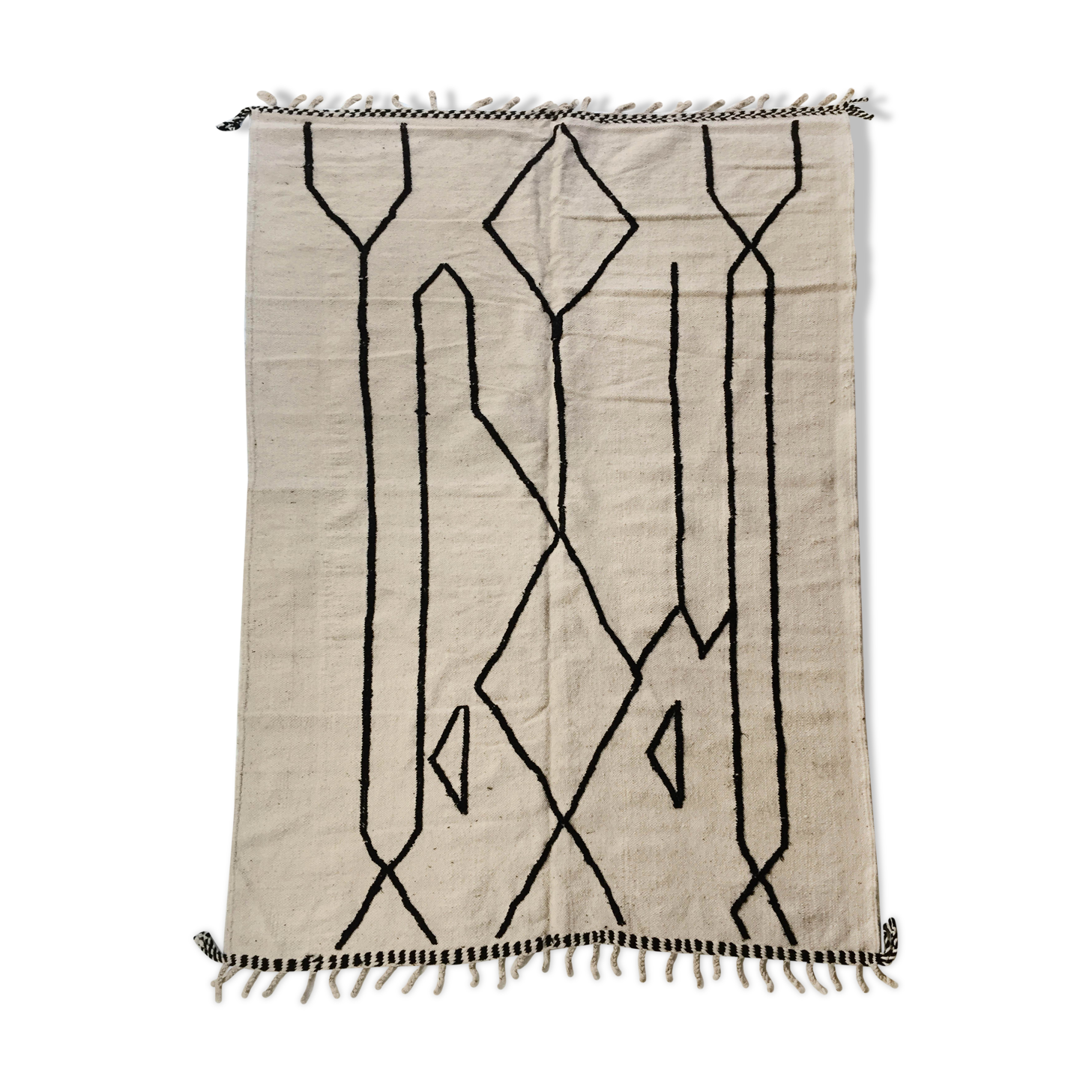 Moroccan Berber Kilim carpet ecru with black graphic patterns 315x198cm