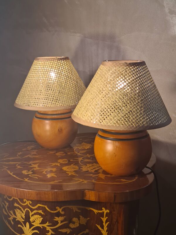 paire lampe boule bois massif   70 a 80 abat jour neuf osier vannerie 25x20