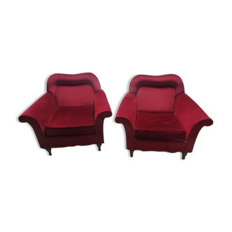 Pair of vintage red velvet armchairs